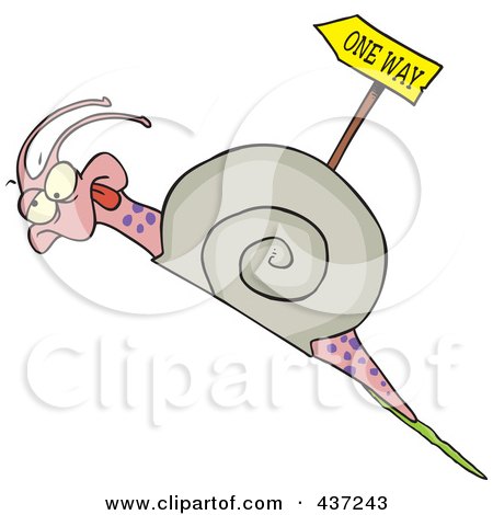 Royalty-Free (RF) Clipart Illustration of a Tired Cartoon Snail Going Uphill Near A One Way Sign by toonaday