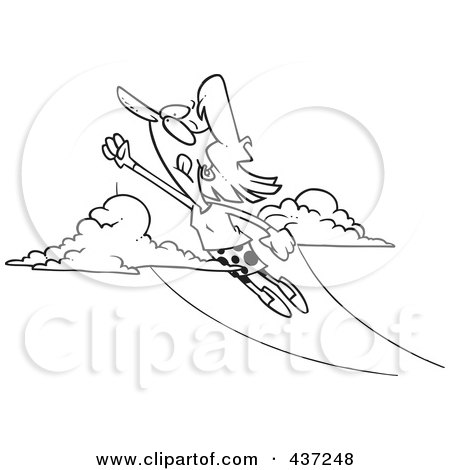 Royalty-Free (RF) Clipart Illustration of a Black And White Outline Design Of A Businesswoman Shooting Up And Away by toonaday