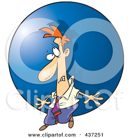 Royalty-Free (RF) Clipart Illustration of a Struggling Cartoon Businessman Pushing A Ball Uphill by toonaday