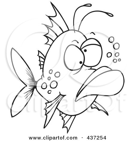 Royalty-Free (RF) Clipart Illustration of a Black And White Outline Design Of A Grumpy Ugly Fish by toonaday