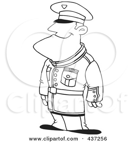 Royalty-Free (RF) Clipart Illustration of a Black And White Outline Design Of A Man Standing Proud In Uniform by toonaday