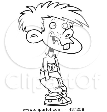 Royalty-Free (RF) Clipart Illustration of a Black And White Outline Design Of A Buck Toothed Boy With His Hands In His Pockets by toonaday