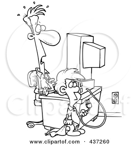 Royalty-Free (RF) Clipart Illustration of a Black And White Outline Design Of A Boy Shocking His Dad By Unplugging His Computer by toonaday