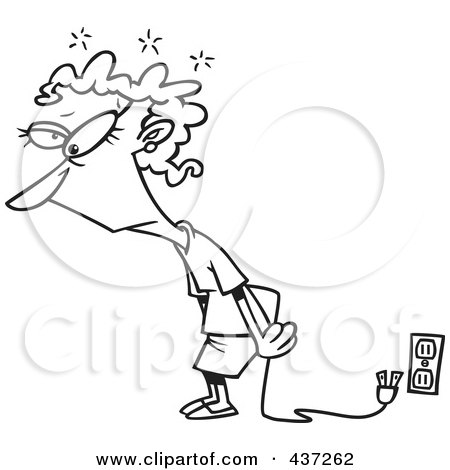 Royalty-Free (RF) Clipart Illustration of a Black And White Outline Design Of An Exhausted And Unplugged Businesswoman by toonaday