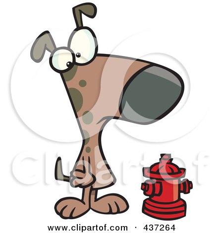 Royalty-Free (RF) Clipart Illustration of a Dog Looking At An Undersized Fire Hydrant by toonaday