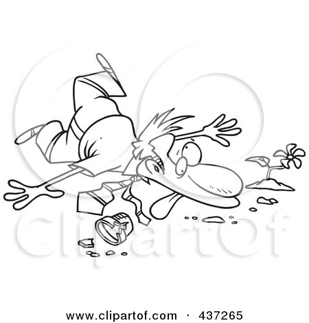 Royalty-Free (RF) Clipart Illustration of a Black And White Outline Design Of A Collapsed Unlucky Businessman Over A Pot by toonaday