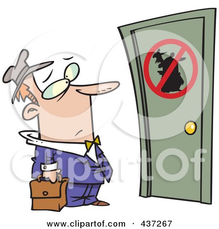 Royalty-Free (RF) Clipart Illustration of an Unwelcome Cartoon Salesman Standing At A Door by toonaday