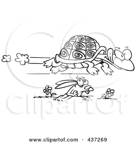 Royalty-Free (RF) Clipart Illustration of a Black And White Outline Design Of A Tortoise Flying Over A Hare by toonaday