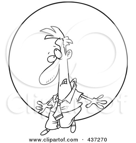 Royalty-Free (RF) Clipart Illustration of a Black And White Outline Design Of A Struggling Businessman Pushing A Ball Uphill by toonaday