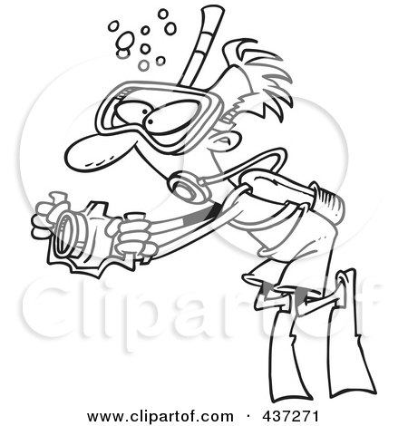 Royalty-Free (RF) Clipart Illustration of a Black And White Outline Design Of A Scuba Man Taking Underwater Pictures by toonaday