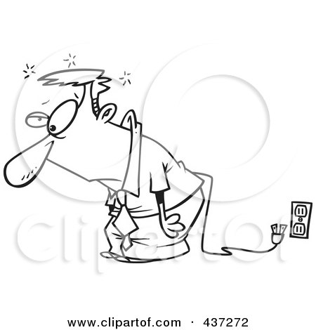 Royalty-Free (RF) Clipart Illustration of a Black And White Outline Design Of A Tired Businessman Unplugged From An Electrical Socket by toonaday