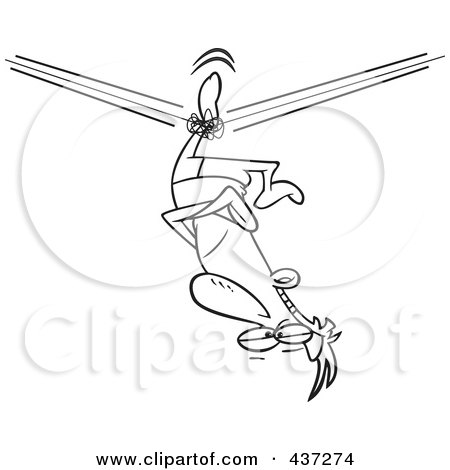 Royalty-Free (RF) Clipart Illustration of a Black And White Outline Design Of An Unbalanced Tight Rope Walker Stuck Upside Down by toonaday