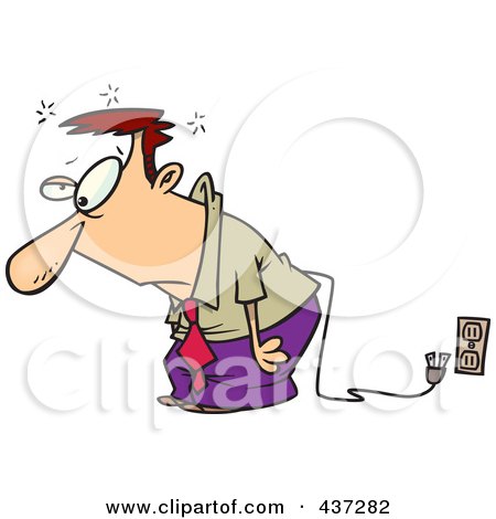 Royalty-Free (RF) Clipart Illustration of a Tired Cartoon Businessman Unplugged From An Electrical Socket by toonaday