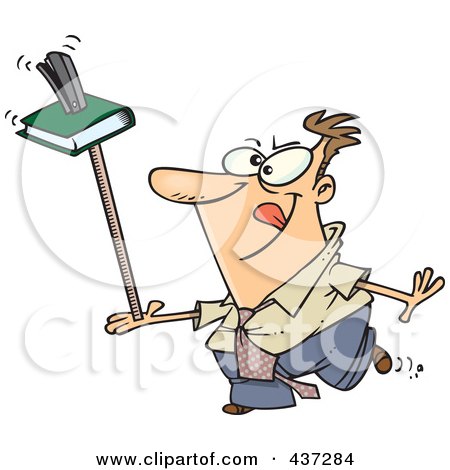 Royalty-Free (RF) Clipart Illustration of an Unproductive Cartoon Businessman Balancing A Book And Stapler On A Ruler by toonaday