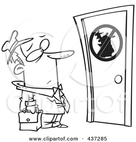 Royalty-Free (RF) Clipart Illustration of a Black And White Outline Design Of An Unwelcome Salesman Standing At A Door by toonaday