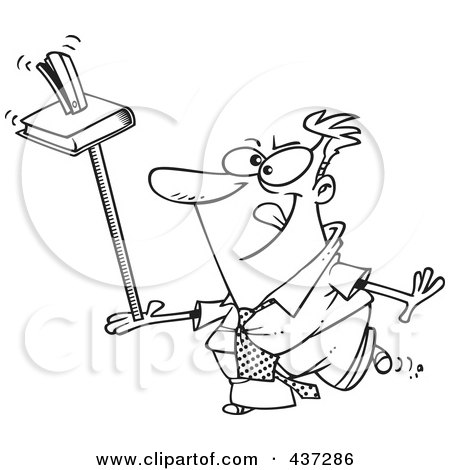 Royalty-Free (RF) Clipart Illustration of a Black And White Outline Design Of An Unproductive Businessman Balancing A Book And Stapler On A Ruler by toonaday