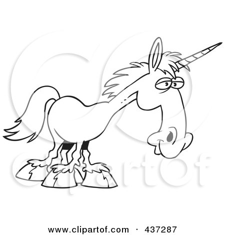 Royalty-Free (RF) Clipart Illustration of a Black And White Outline Design Of A Unicorn by toonaday