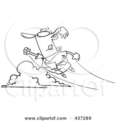 Royalty-Free (RF) Clipart Illustration of a Black And White Outline Design Of A Businessman Shooting Up And Away by toonaday