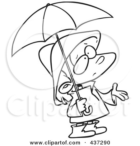 Royalty-Free (RF) Clipart Illustration of a Black And White Outline Design Of A Sad Girl In Rain Gear, Waiting For Showers by toonaday