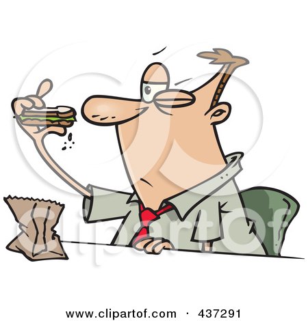 Royalty-Free (RF) Clipart Illustration of a Cartoon Businessman Eating A Boring Sandwich by toonaday
