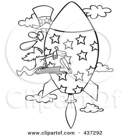 Royalty-Free (RF) Clipart Illustration of a Black And White Outline Design Of Uncle Sam Shooting Upwards On A Rocket by toonaday
