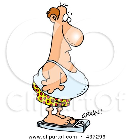 Royalty-Free (RF) Clipart Illustration of an Unfit Cartoon Man Standing On A Groaning Scale by toonaday