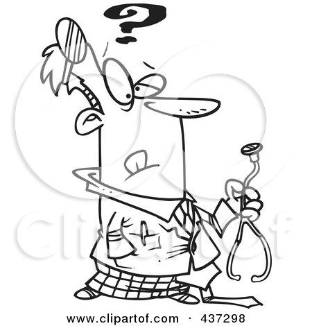 Royalty-Free (RF) Clipart Illustration of a Black And White Outline Design Of An Uncertain Doctor Holding A Stethoscope by toonaday