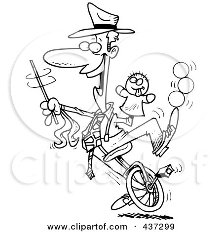 Royalty-Free (RF) Clipart Illustration of a Black And White Outline Design Of A Male Entertainer Doing Tricks On A Unicycle by toonaday