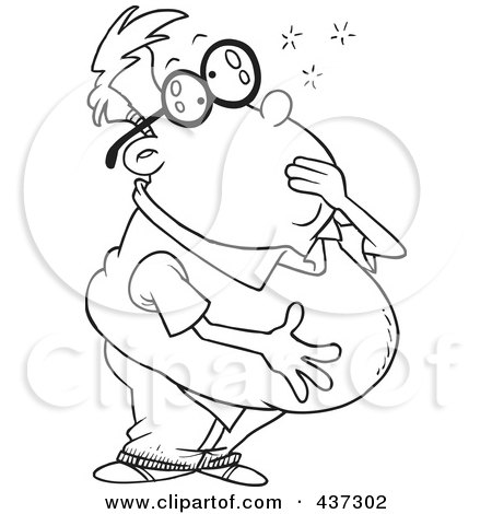 Royalty-Free (RF) Clipart Illustration of a Black And White Outline Design Of A Sick Man Grabbing His Mouth And Holding His Belly by toonaday