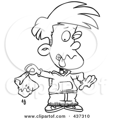 Royalty-Free (RF) Clipart Illustration of a Black And White Outline Design Of A Disgusted Boy Holding A Muddy Lunch Bag by toonaday