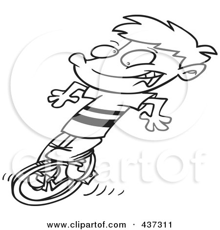 Royalty-Free (RF) Clipart Illustration of a Black And White Outline Design Of A Boy Riding A Unicycle by toonaday