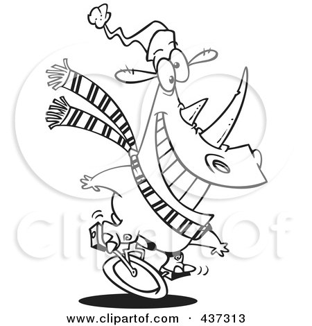 Royalty-Free (RF) Clipart Illustration of a Black And White Outline Design Of A Unicycling Christmas Rhino by toonaday