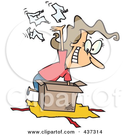 Royalty-Free (RF) Clipart Illustration of a Cartoon Woman Tearing The Wrapping Paper Off Of A Gift by toonaday