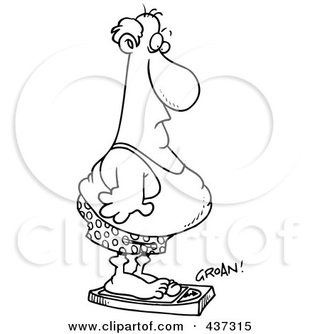 Royalty-Free (RF) Clipart Illustration of a Black And White Outline Design Of An Unfit Man Standing On A Groaning Scale by toonaday