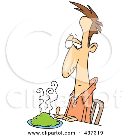 Royalty-Free (RF) Clipart Illustration of an Uncertain Cartoon Man Looking At Green Food On His Plate by toonaday