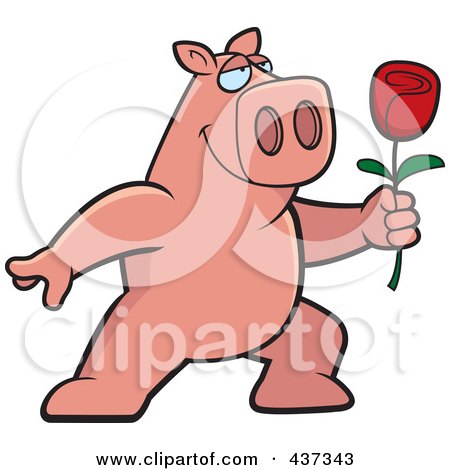 Royalty-Free (RF) Clipart Illustration of a Romantic Pig Presenting A Single Rose by Cory Thoman