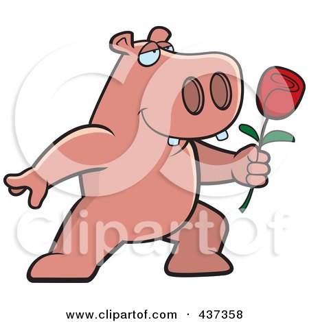 Royalty-Free (RF) Clipart Illustration of a Romantic Hippo Presenting A Single Rose by Cory Thoman