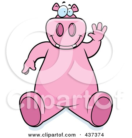 Royalty-Free (RF) Clipart Illustration of a Friendly Pink Hippo Sitting And Waving by Cory Thoman
