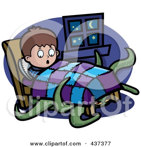 Royalty-Free (RF) Clipart Illustration of a Tentacled Monster Emerging From Under A Boy's Bed by Cory Thoman