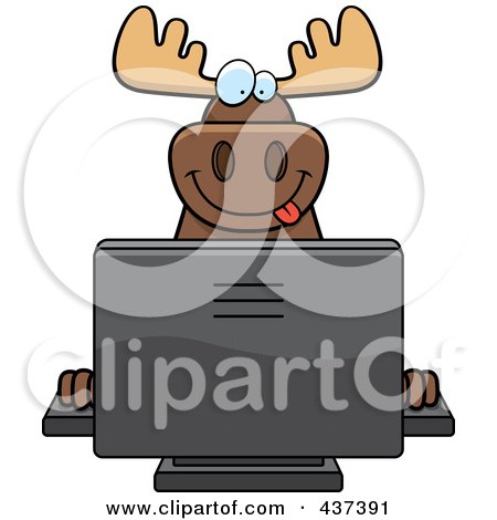 Royalty-Free (RF) Clipart Illustration of a Happy Moose Using A Desktop Computer by Cory Thoman