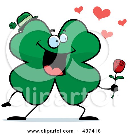 Royalty-Free (RF) Clipart Illustration of a Shamrock Clover Character Holding Out A Rose by Cory Thoman