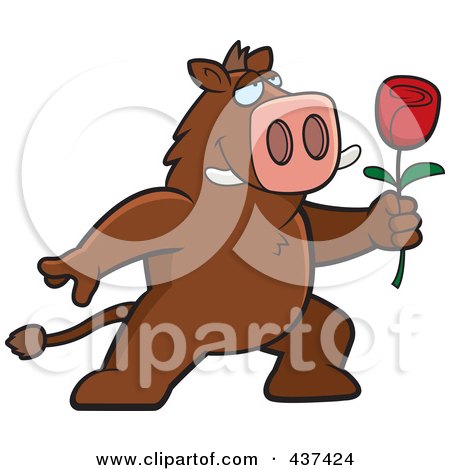 Royalty-Free (RF) Clipart Illustration of a Romantic Boar Presenting A Single Rose by Cory Thoman