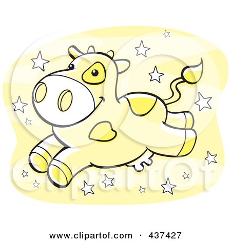 Royalty-Free (RF) Clipart Illustration of a Yellow Banana Milk Cow Leaping Over Yellow With Stars by Cory Thoman