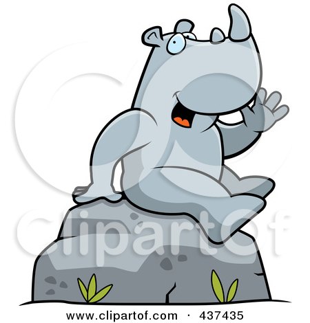 Royalty-Free (RF) Clipart Illustration of a Friendly Rhino Sitting On A Boulder And Waving by Cory Thoman