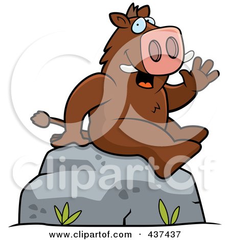 Royalty-Free (RF) Clipart Illustration of a Friendly Boar Sitting On A Boulder And Waving by Cory Thoman