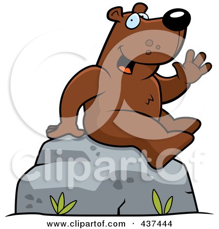 Royalty-Free (RF) Clipart Illustration of a Friendly Bear Sitting On A Boulder And Waving by Cory Thoman