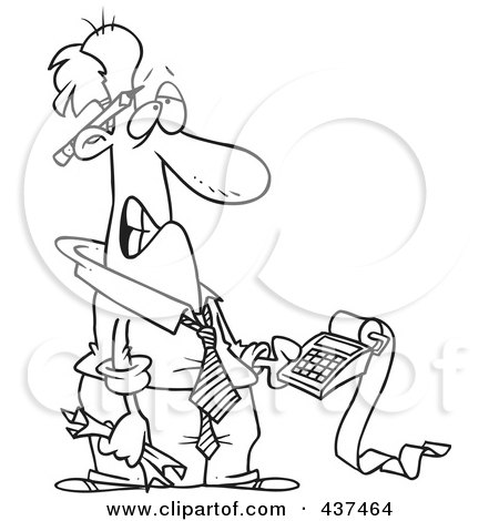 Royalty-Free (RF) Clip Art Illustration of a Black And White Outline Design Of A Frustrated Man Trying To Calculate His Taxes by toonaday