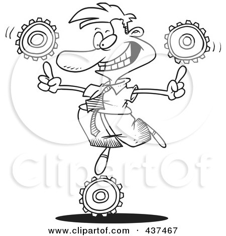 Royalty-Free (RF) Clip Art Illustration of a Black And White Outline Design Of A Businessman Balancing Technology Gears by toonaday