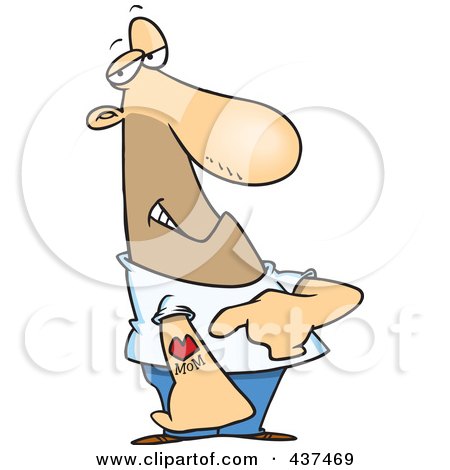 Royalty-Free (RF) Clip Art Illustration of a Cartoon Man Pointing At His Mom Tattoo by toonaday