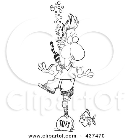Royalty-Free (RF) Clip Art Illustration of a Black And White Outline Design Of A Businessman Drowning In Taxes by toonaday